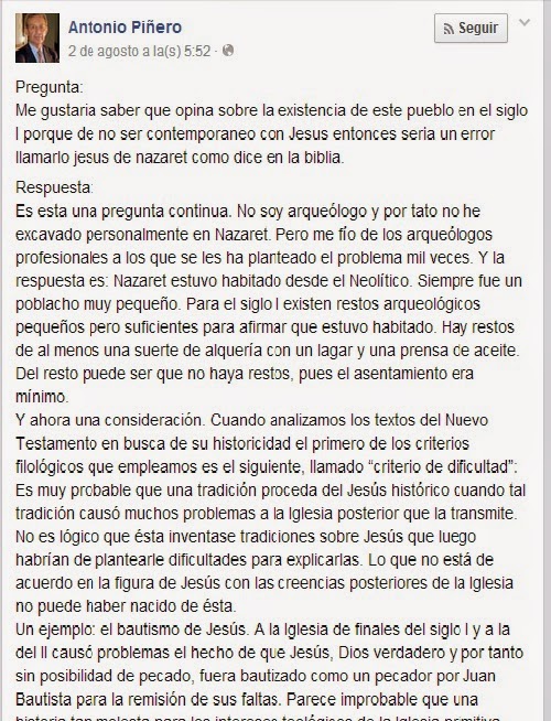 Comentario del Facebook de Piñero, donde da su posición sobre la existencia de Nazaret