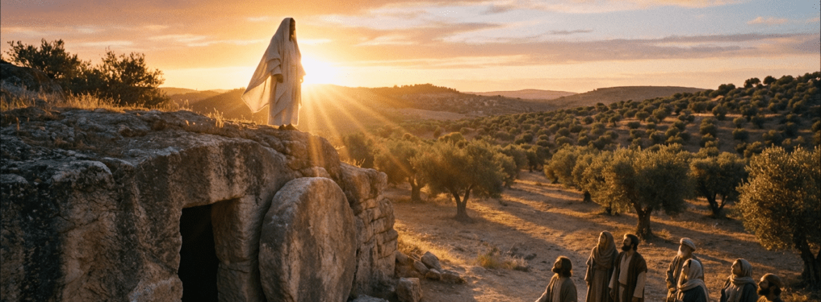 Jesus Christ standing on an empty stone tomb with followers watching during a bright sunrise.